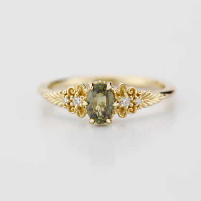 Vintage style Oval Engagement Ring, art deco olive green sapphire and diamond engagement ring, 18k gold ring 