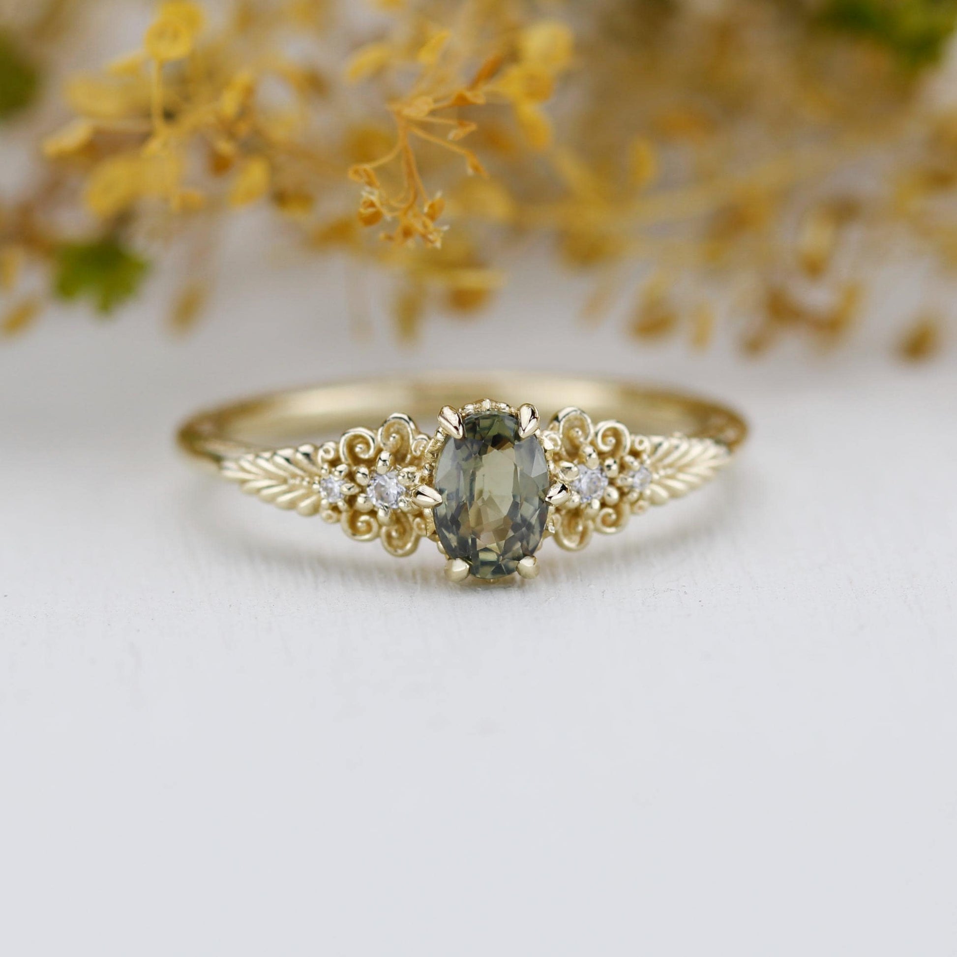 Vintage style Oval Engagement Ring, art deco olive green sapphire and diamond engagement ring, 18k gold ring 