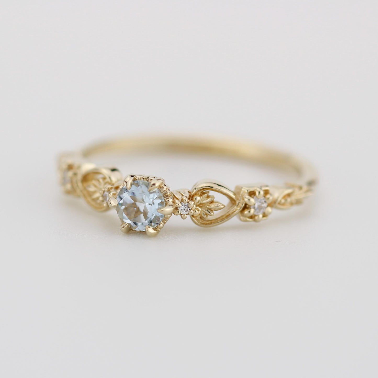 Nature-Inspired Gold Engagement Ring with Diamonds, Botanical Aquamarine Ring, 18K Handmade Gemstone Jewelry, Floral Promise Ring