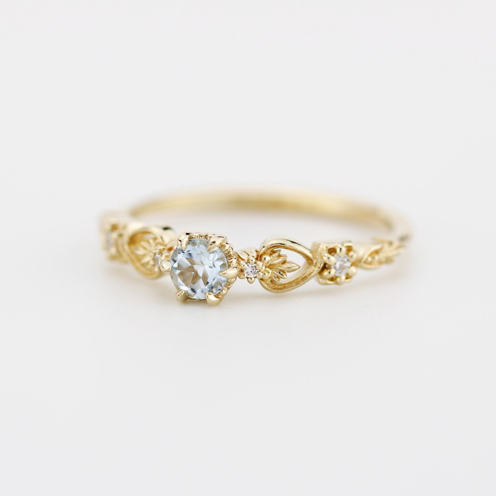 Nature-Inspired Gold Engagement Ring with Diamonds, Botanical Aquamarine Ring, 18K Handmade Gemstone Jewelry, Floral Promise Ring