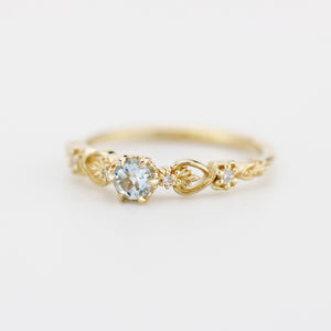Nature-Inspired Gold Engagement Ring with Diamonds, Botanical Aquamarine Ring, 18K Handmade Gemstone Jewelry, Floral Promise Ring