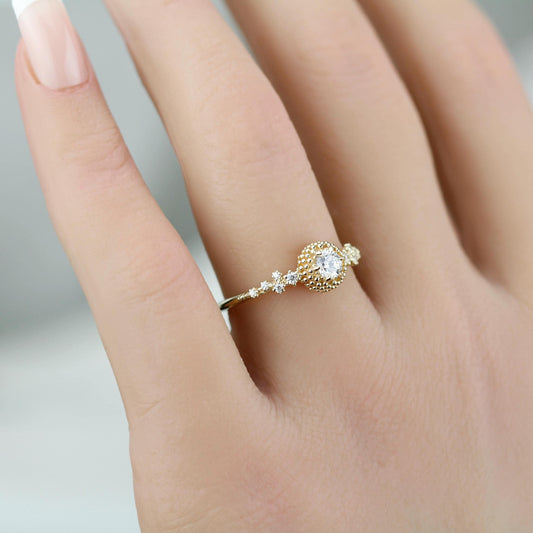 Cluster diamond engagement ring, beaded diamond ring in 18k solid gold, Sea Urchin & Coral Inspired Diamond Ring