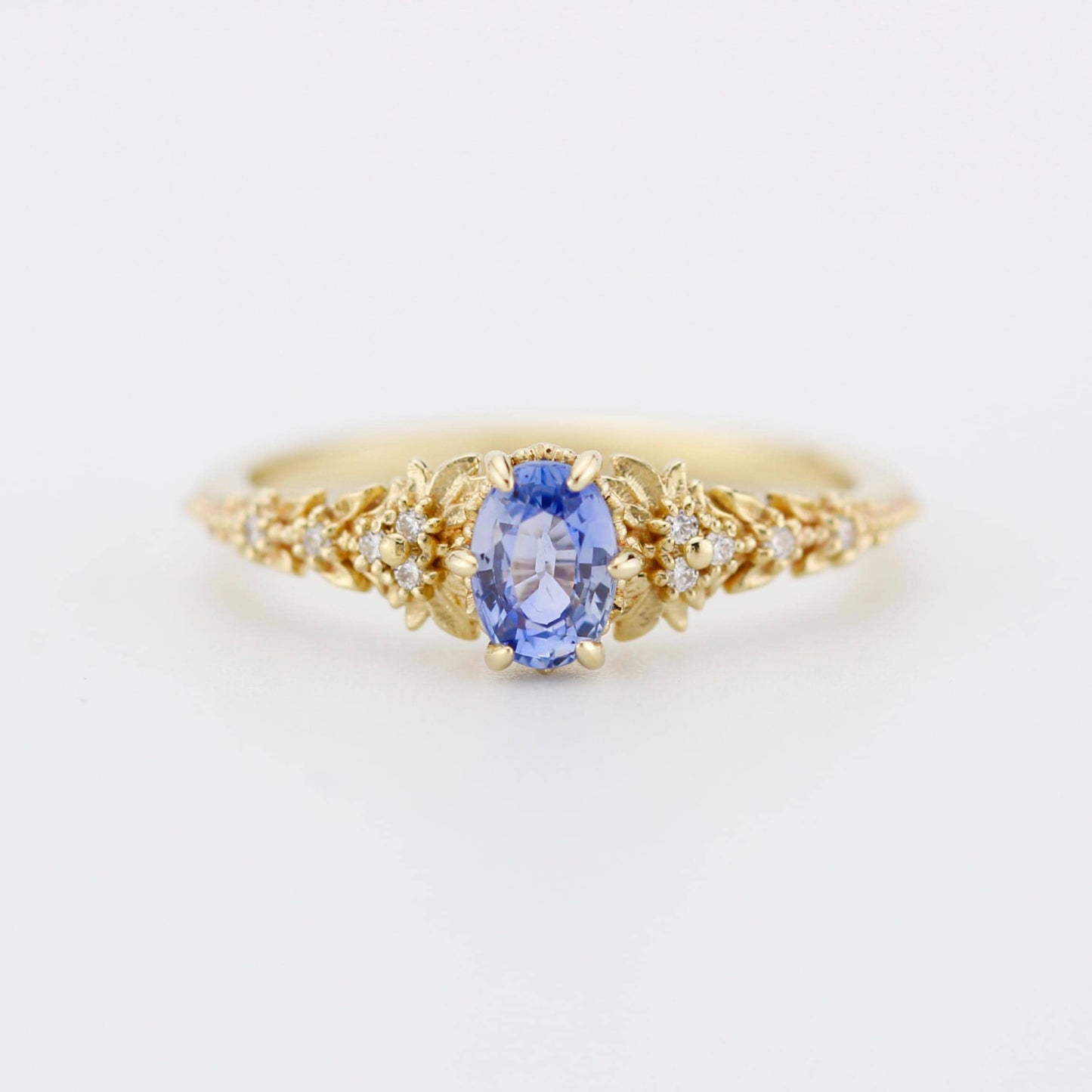 Light Blue Sapphire Engagement Ring, Handmade 18k Gold with Diamond Leaf Band, Oval Sapphire 6-Claw Setting, Nature-Inspired Ring