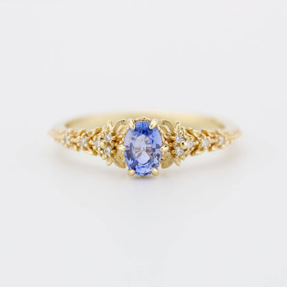Light Blue Sapphire Engagement Ring, Handmade 18k Gold with Diamond Leaf Band, Oval Sapphire 6-Claw Setting, Nature-Inspired Ring