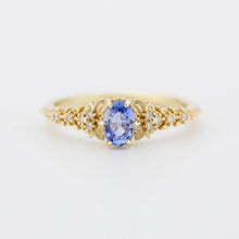 Load image into Gallery viewer, Light Blue Sapphire Engagement Ring, Handmade 18k Gold with Diamond Leaf Band, Oval Sapphire 6-Claw Setting, Nature-Inspired Ring