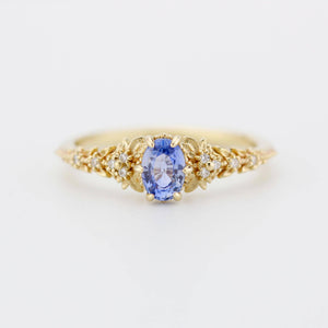 Light Blue Sapphire Engagement Ring, Handmade 18k Gold with Diamond Leaf Band, Oval Sapphire 6-Claw Setting, Nature-Inspired Ring