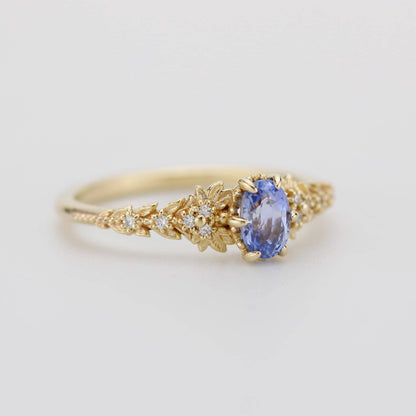 Light Blue Sapphire Engagement Ring, Handmade 18k Gold with Diamond Leaf Band, Oval Sapphire 6-Claw Setting, Nature-Inspired Ring