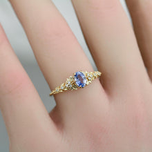 Load image into Gallery viewer, Light Blue Sapphire Engagement Ring, Handmade 18k Gold with Diamond Leaf Band, Oval Sapphire 6-Claw Setting, Nature-Inspired Ring