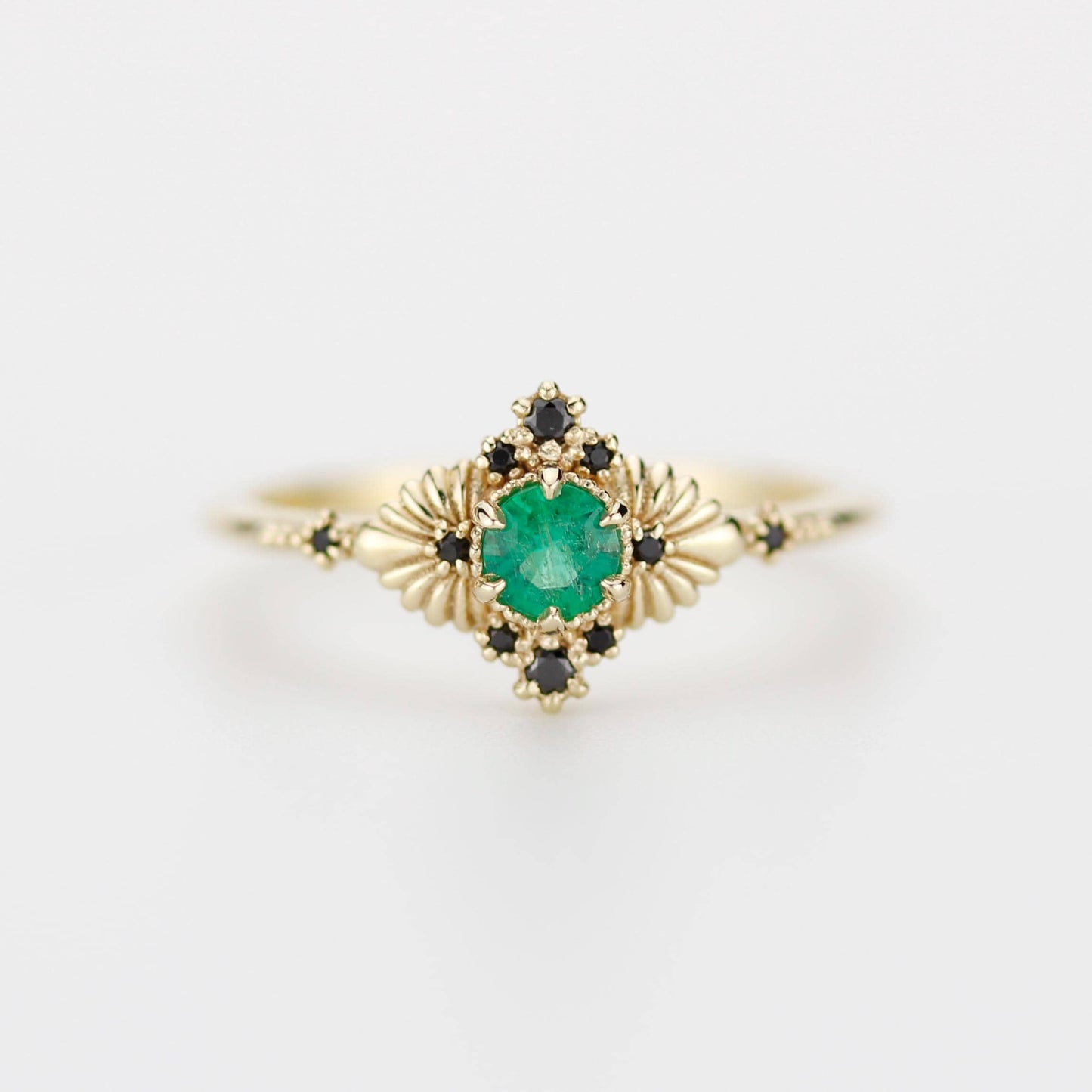Vintage-Inspired Natural Emerald and Black Diamond Ring in 18k Solid Gold – Art Deco Engagement or Heirloom Statement Ring