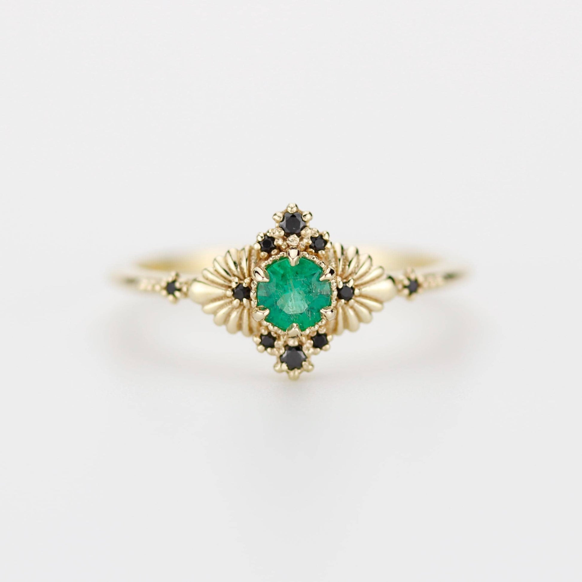 Vintage-Inspired Natural Emerald and Black Diamond Ring in 18k Solid Gold – Art Deco Engagement or Heirloom Statement Ring