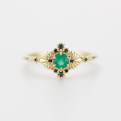 Vintage-Inspired Natural Emerald and Black Diamond Ring in 18k Solid Gold – Art Deco Engagement or Heirloom Statement Ring