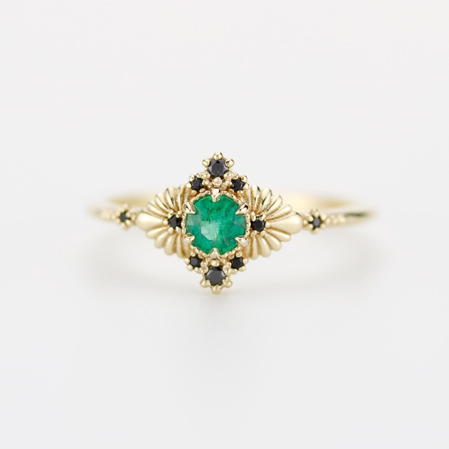 Vintage-Inspired Natural Emerald and Black Diamond Ring in 18k Solid Gold – Art Deco Engagement or Heirloom Statement Ring