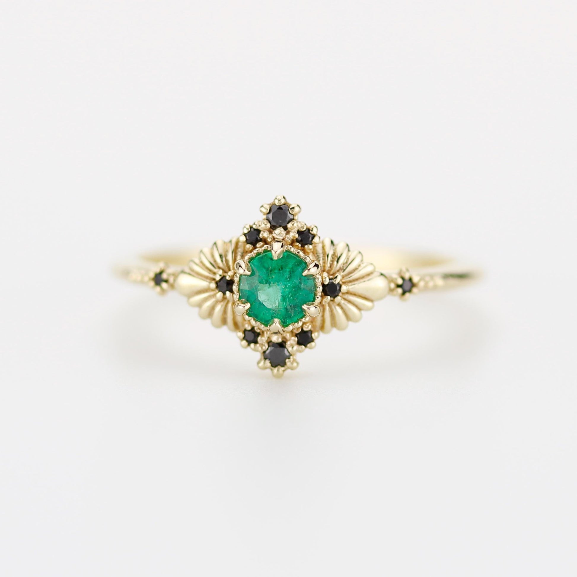 Vintage-Inspired Natural Emerald and Black Diamond Ring in 18k Solid Gold – Art Deco Engagement or Heirloom Statement Ring