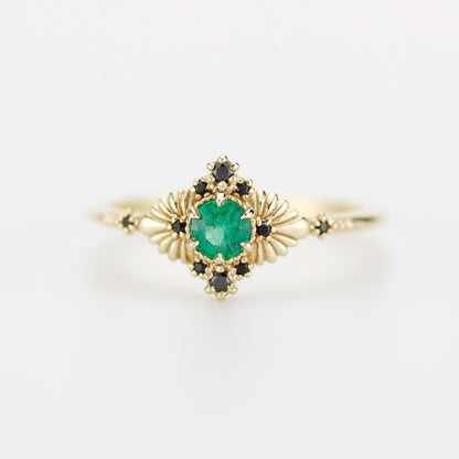 Vintage-Inspired Natural Emerald and Black Diamond Ring in 18k Solid Gold – Art Deco Engagement or Heirloom Statement Ring