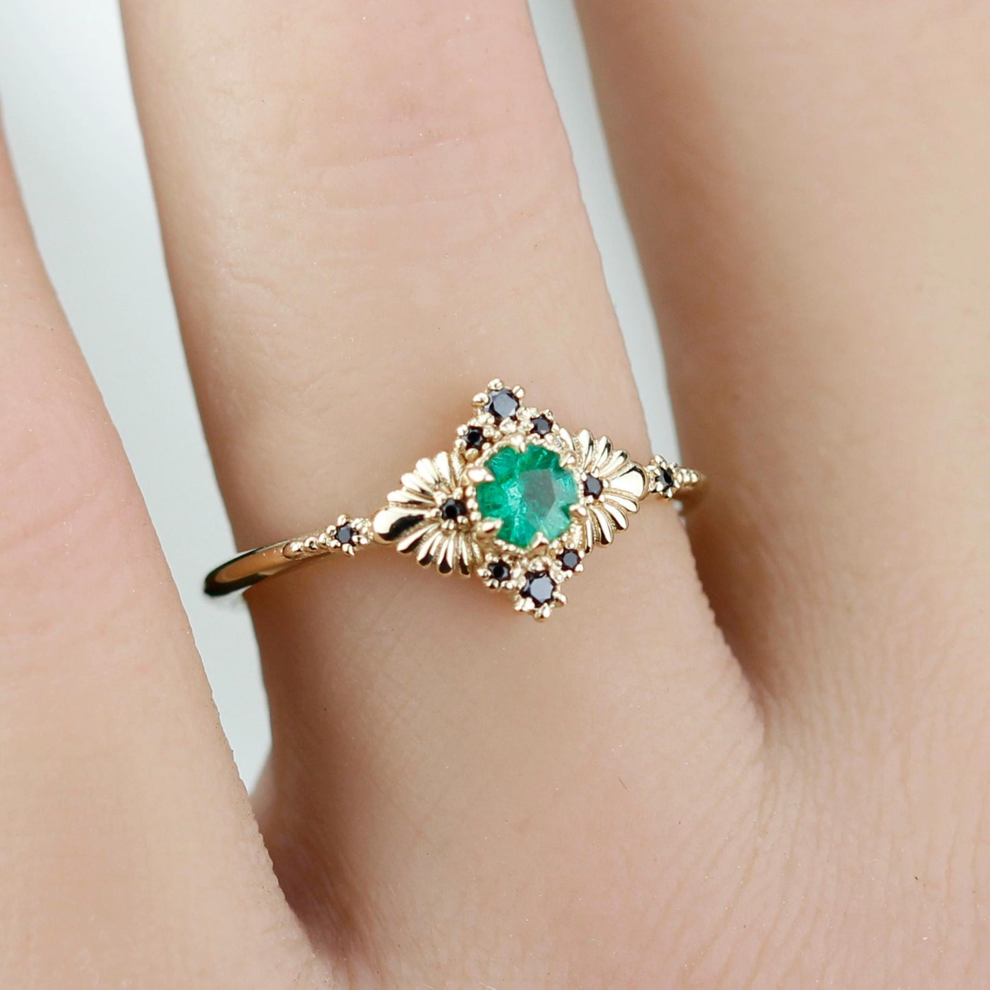 Vintage-Inspired Natural Emerald and Black Diamond Ring in 18k Solid Gold – Art Deco Engagement or Heirloom Statement Ring