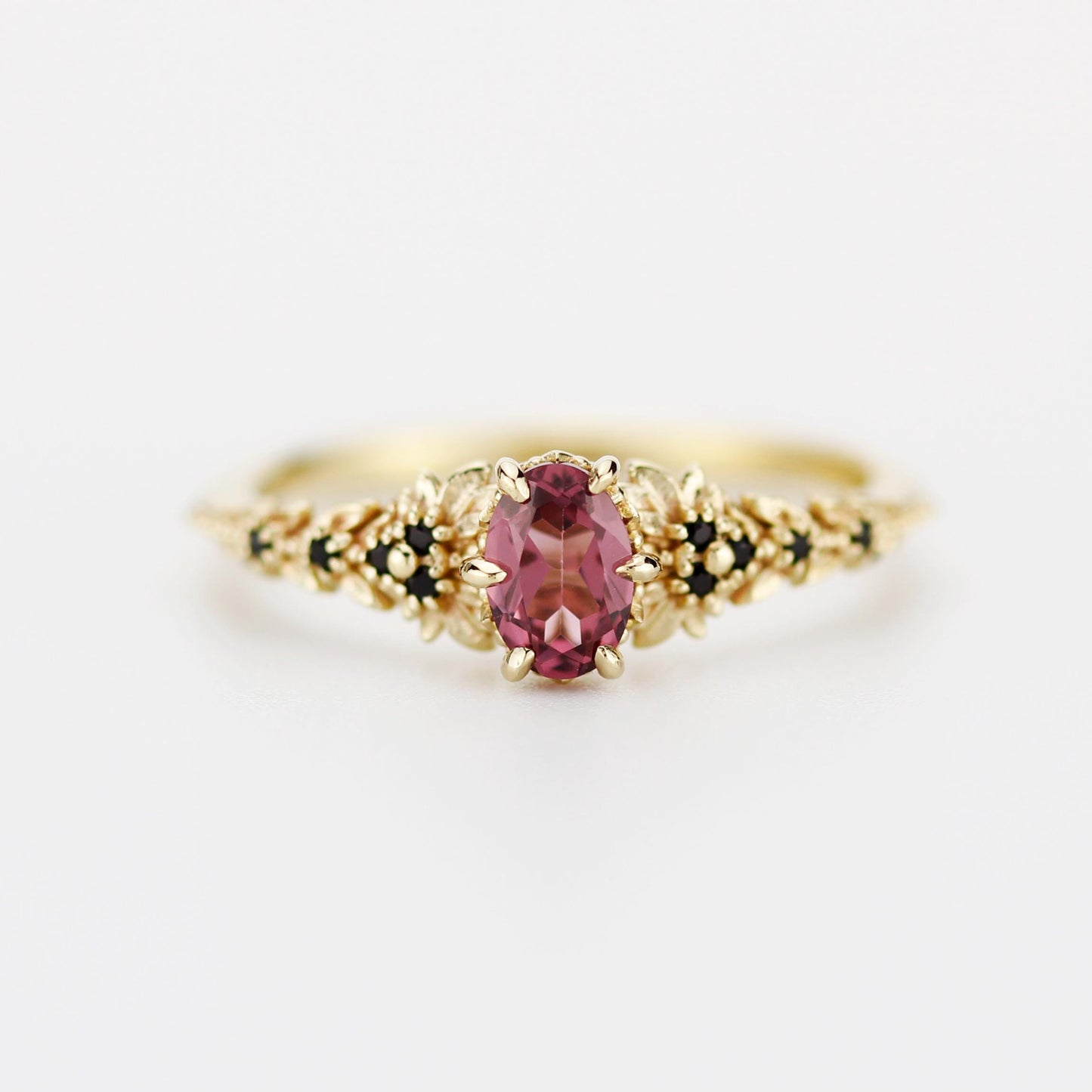 Rhodolite Garnet Engagement Ring in 18k Gold, Black Diamond Leaf Band, Oval Garnet Petal Setting, Handmade Nature-Inspired Jewelry