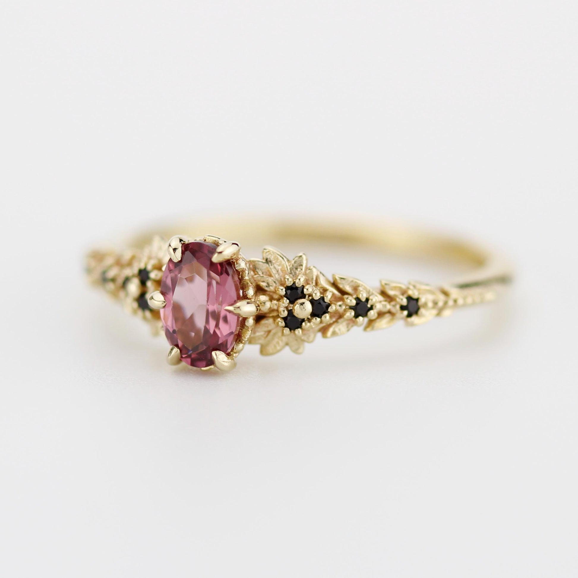 Rhodolite Garnet Engagement Ring in 18k Gold, Black Diamond Leaf Band, Oval Garnet Petal Setting, Handmade Nature-Inspired Jewelry
