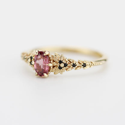 Rhodolite Garnet Engagement Ring in 18k Gold, Black Diamond Leaf Band, Oval Garnet Petal Setting, Handmade Nature-Inspired Jewelry