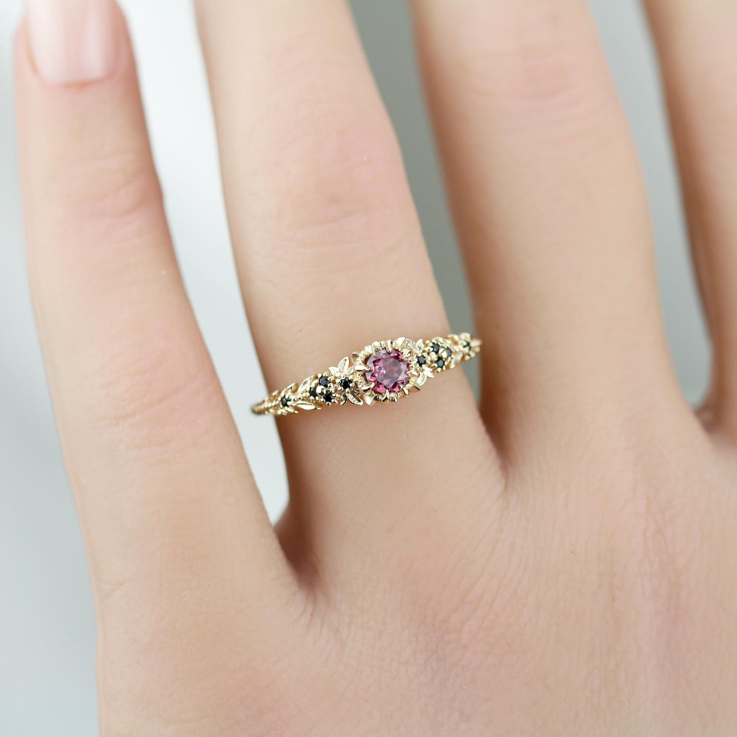 Forest engagement leaf design Ring, 18K Gold Elvish Floral Ring, Rhodolite Garnet & Black Diamond Fairy Ring, fantasy botanical ring