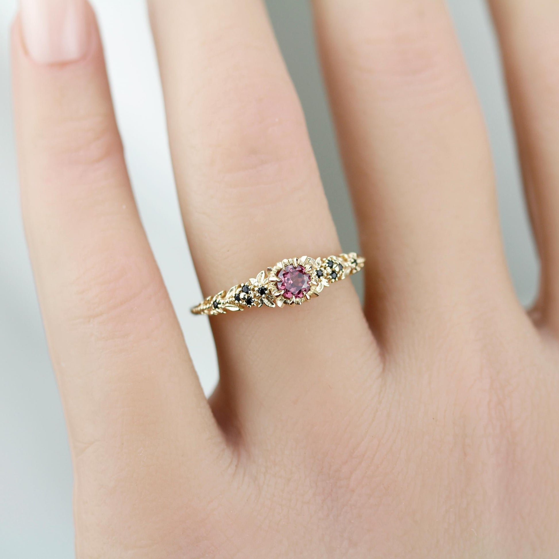 Forest engagement leaf design Ring, 18K Gold Elvish Floral Ring, Rhodolite Garnet & Black Diamond Fairy Ring, fantasy botanical ring