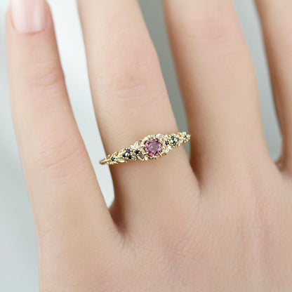 Forest engagement leaf design Ring, 18K Gold Elvish Floral Ring, Rhodolite Garnet & Black Diamond Fairy Ring, fantasy botanical ring