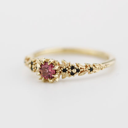 Forest engagement leaf design Ring, 18K Gold Elvish Floral Ring, Rhodolite Garnet & Black Diamond Fairy Ring, fantasy botanical ring