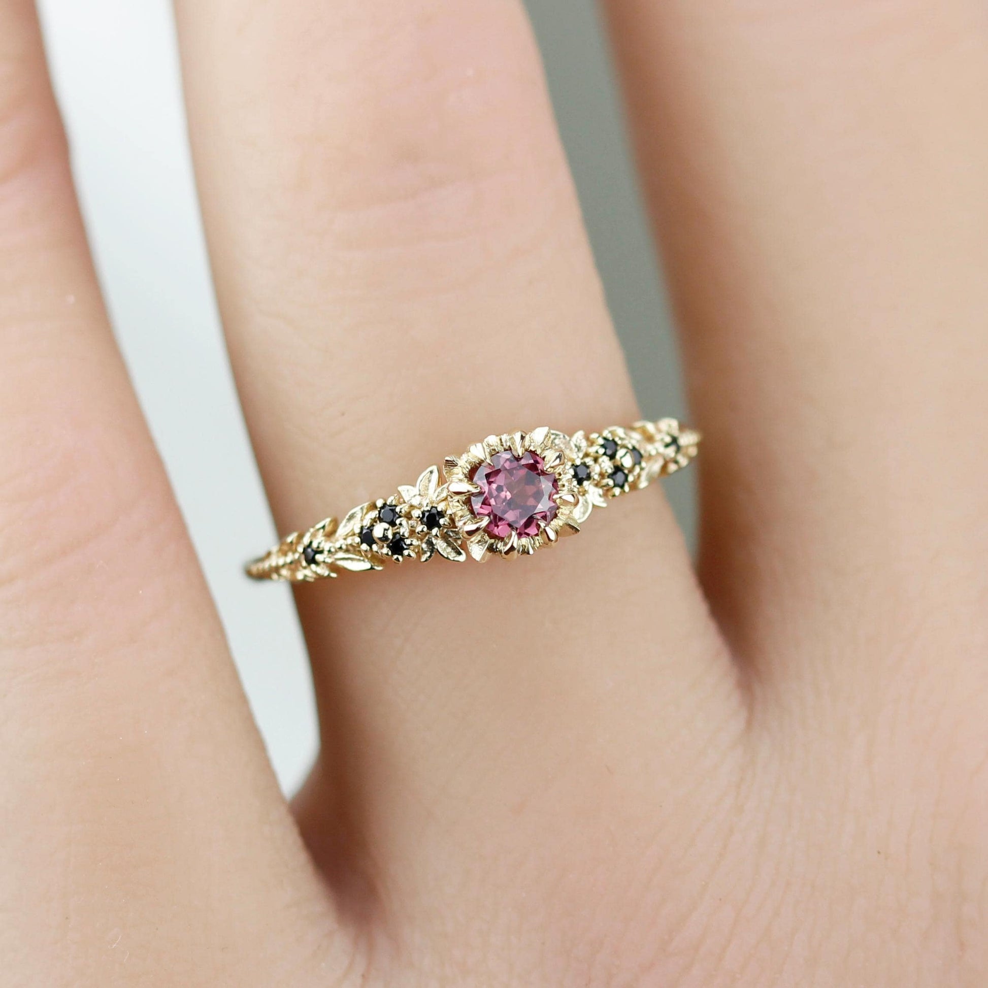 Forest engagement leaf design Ring, 18K Gold Elvish Floral Ring, Rhodolite Garnet & Black Diamond Fairy Ring, fantasy botanical ring