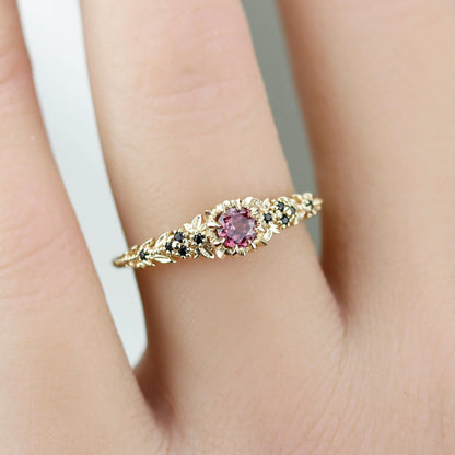 Forest engagement leaf design Ring, 18K Gold Elvish Floral Ring, Rhodolite Garnet & Black Diamond Fairy Ring, fantasy botanical ring