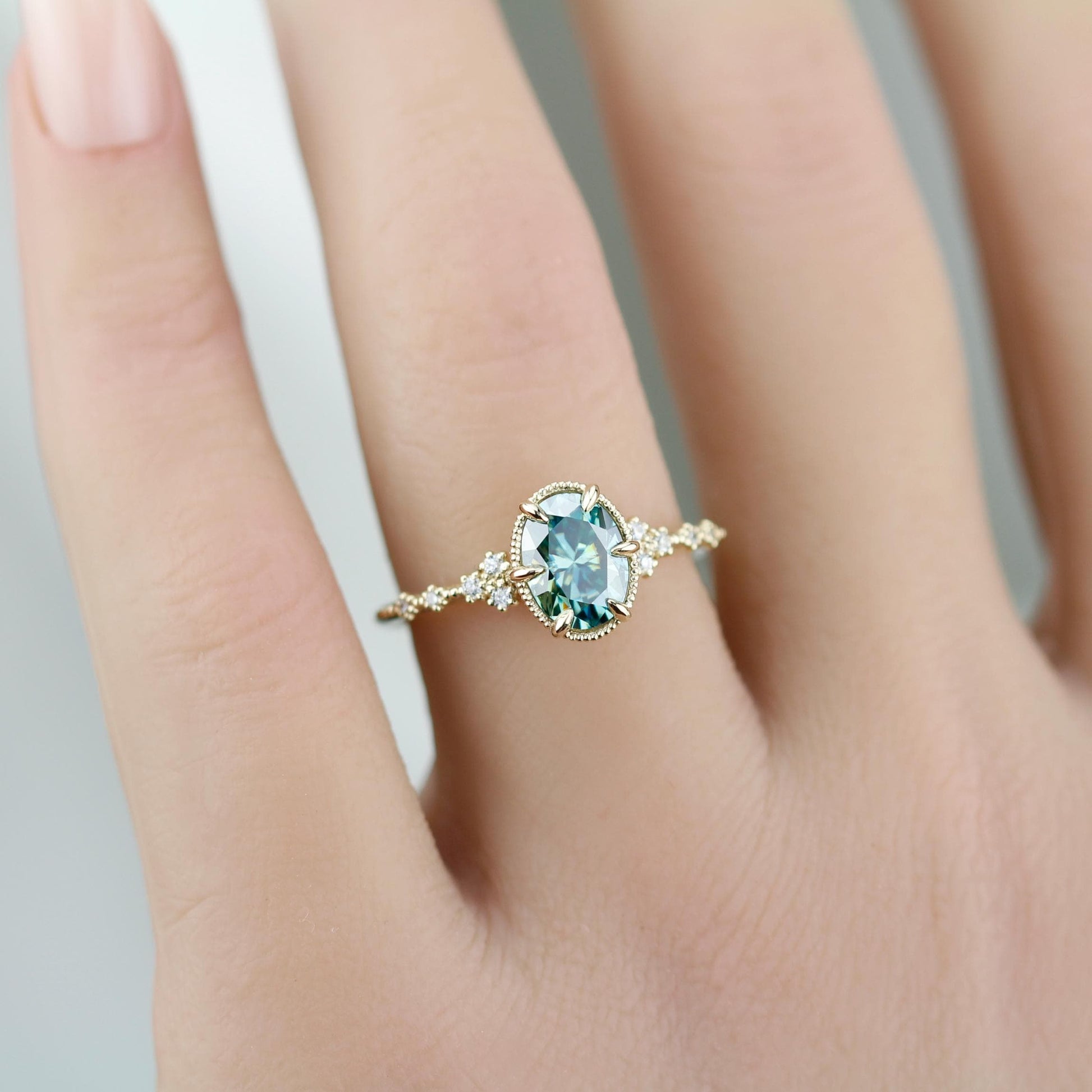 Oval Moissanite Engagement Ring 18K Gold , 8x6mm Oval green Certified Moissanite, Natural Diamond Accent Ring, Vintage-Inspired Fine Jewelry