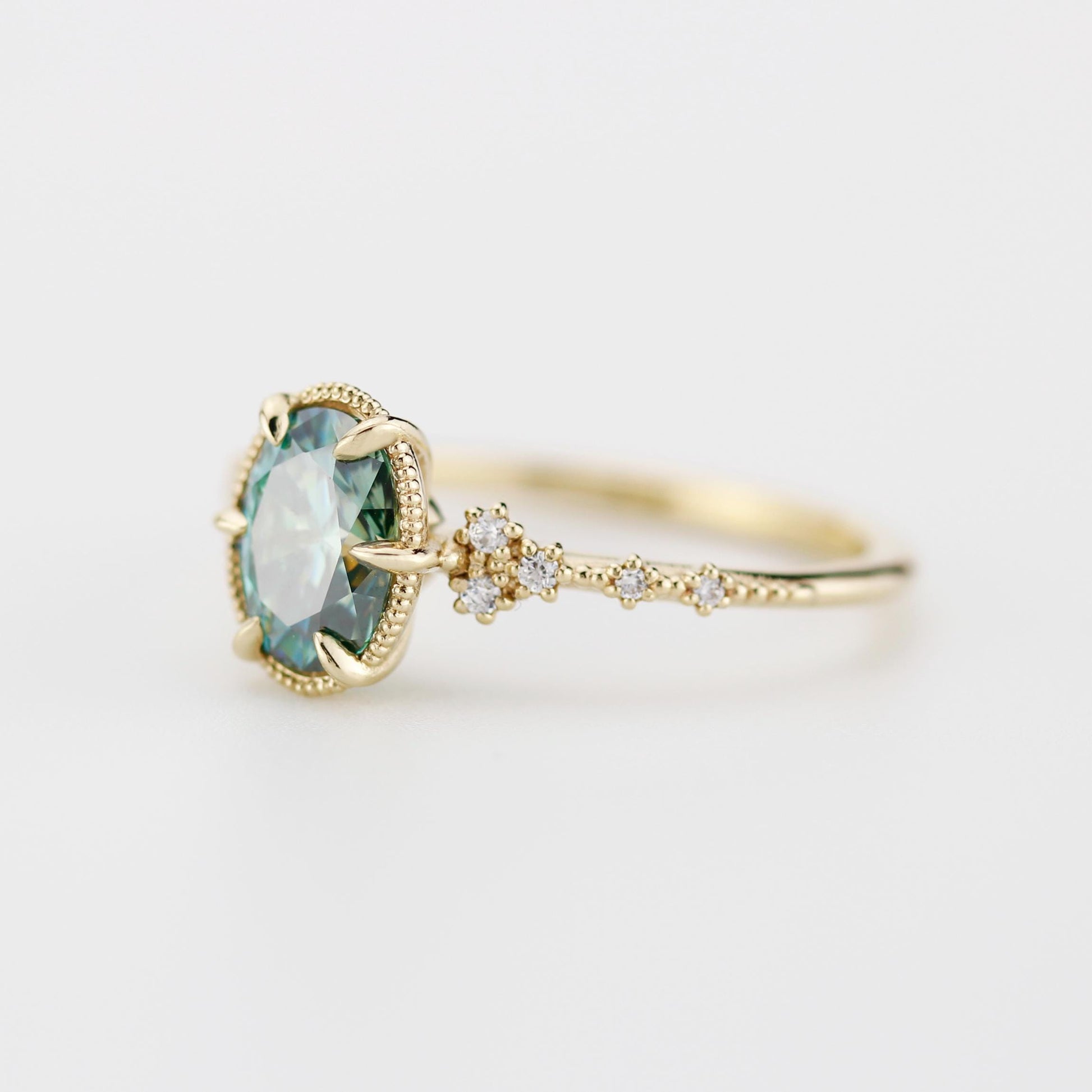 Oval Moissanite Engagement Ring 18K Gold , 8x6mm Oval green Certified Moissanite, Natural Diamond Accent Ring, Vintage-Inspired Fine Jewelry