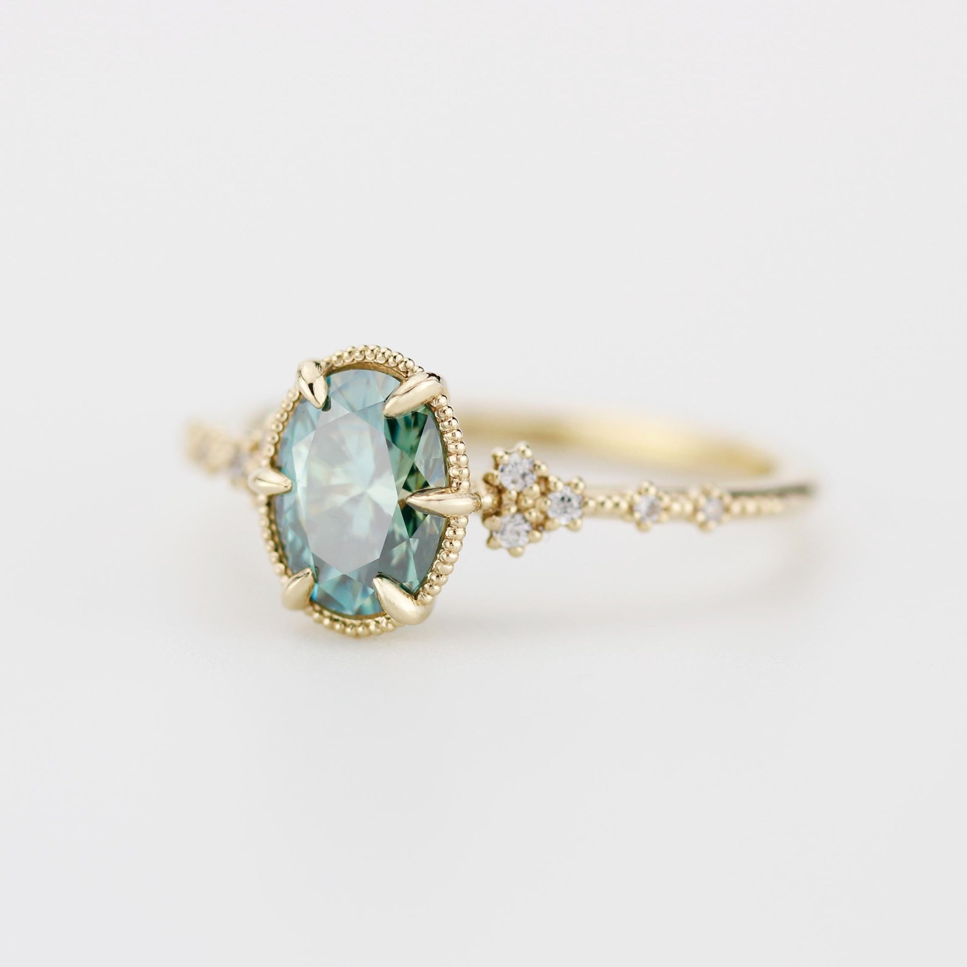Oval Moissanite Engagement Ring 18K Gold , 8x6mm Oval green Certified Moissanite, Natural Diamond Accent Ring, Vintage-Inspired Fine Jewelry