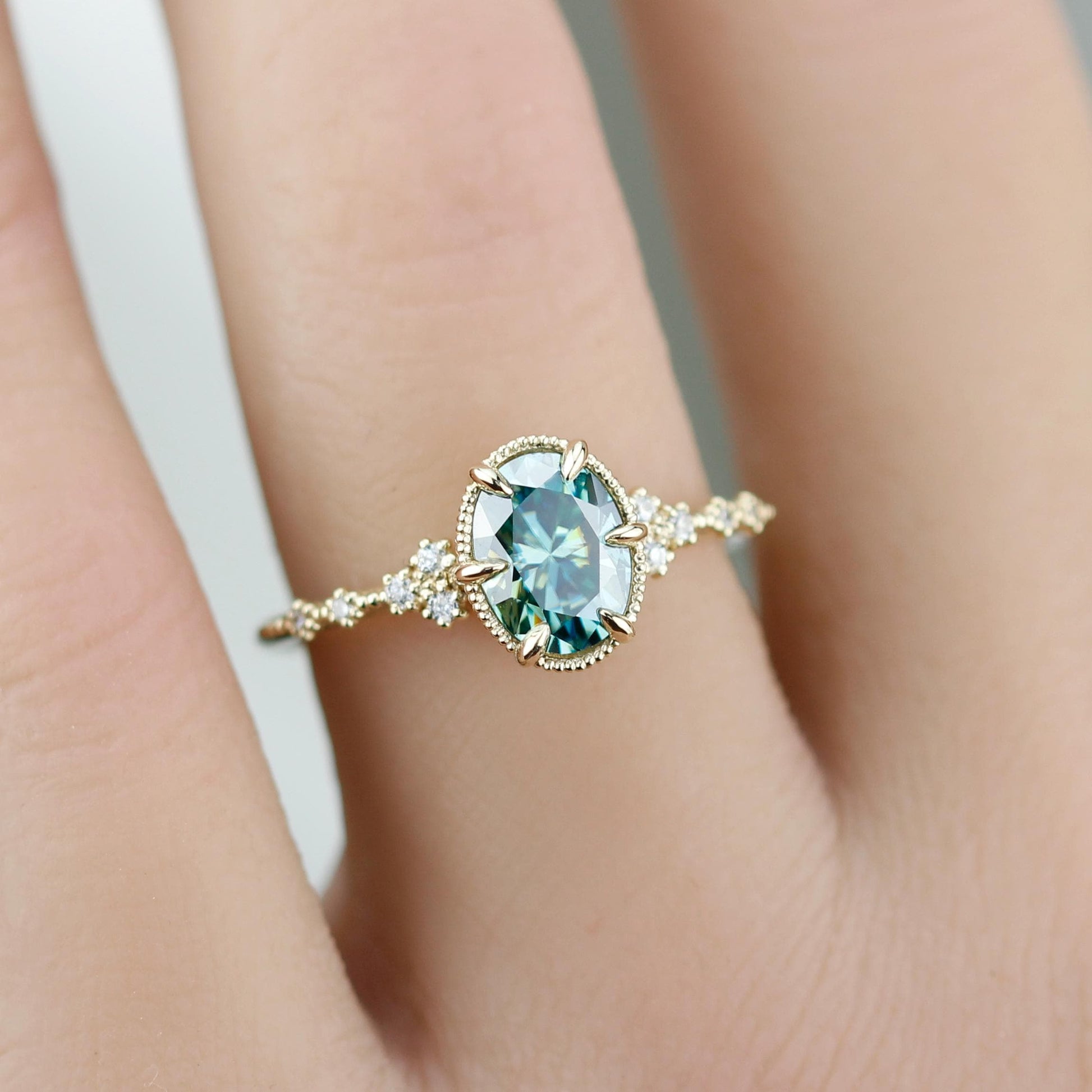 Oval Moissanite Engagement Ring 18K Gold , 8x6mm Oval green Certified Moissanite, Natural Diamond Accent Ring, Vintage-Inspired Fine Jewelry
