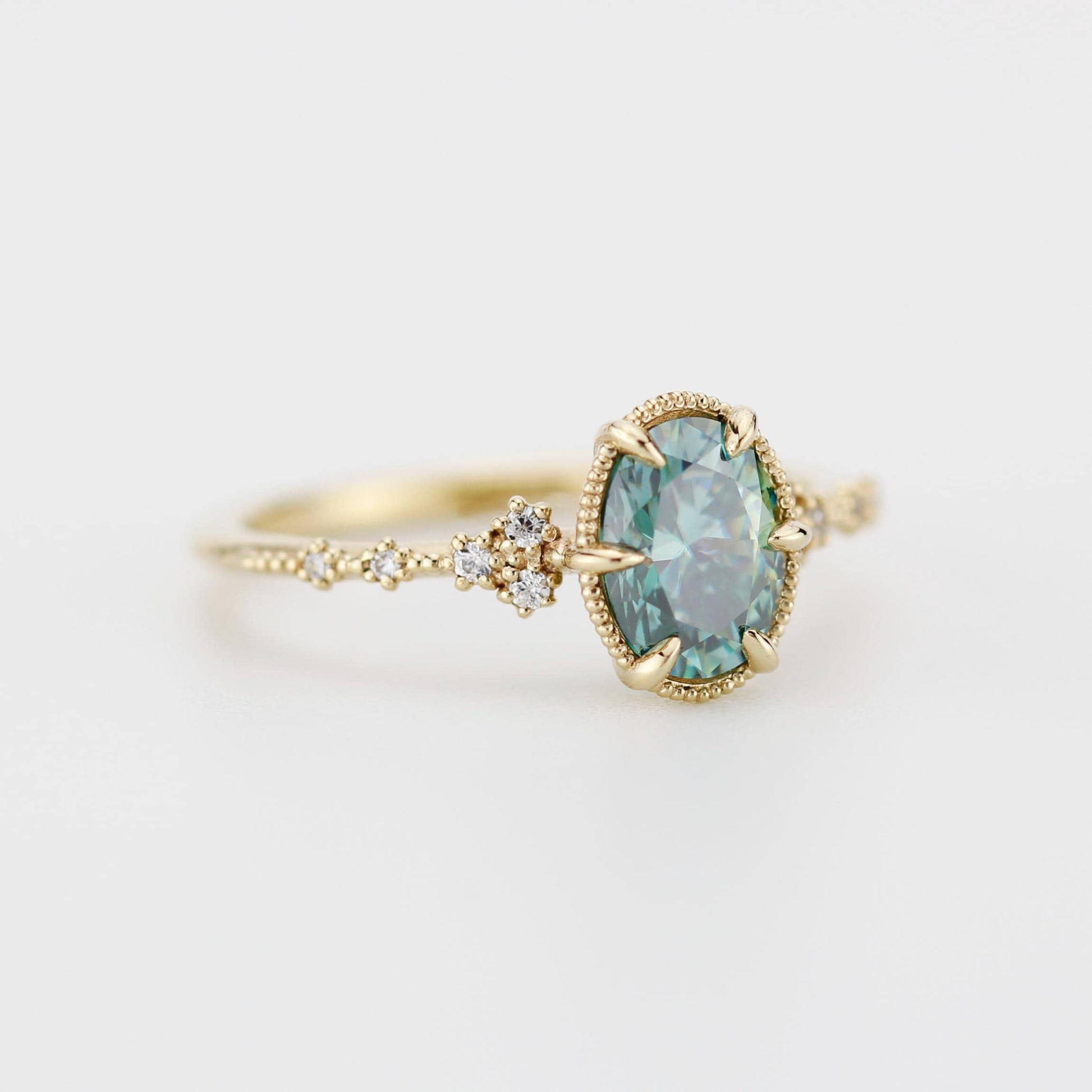 Oval Moissanite Engagement Ring 18K Gold , 8x6mm Oval green Certified Moissanite, Natural Diamond Accent Ring, Vintage-Inspired Fine Jewelry