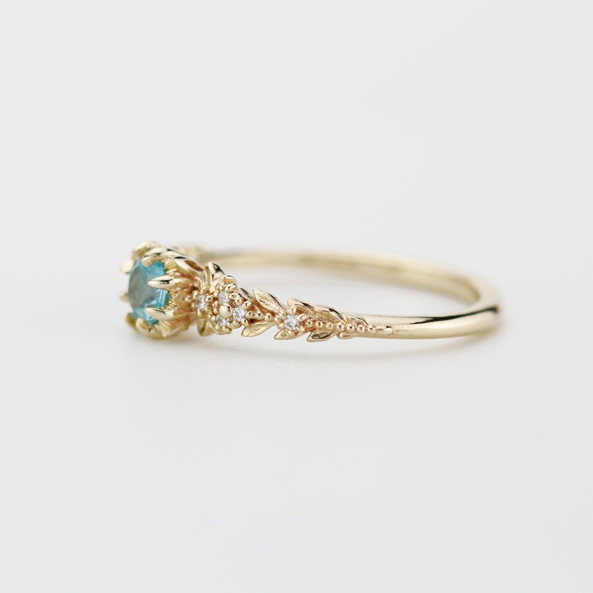 Nature Inspired Apatite and Diamond Ring, Handmade Engagement Ring in 18K Solid Gold, Floral Blue Gem Promise Ring