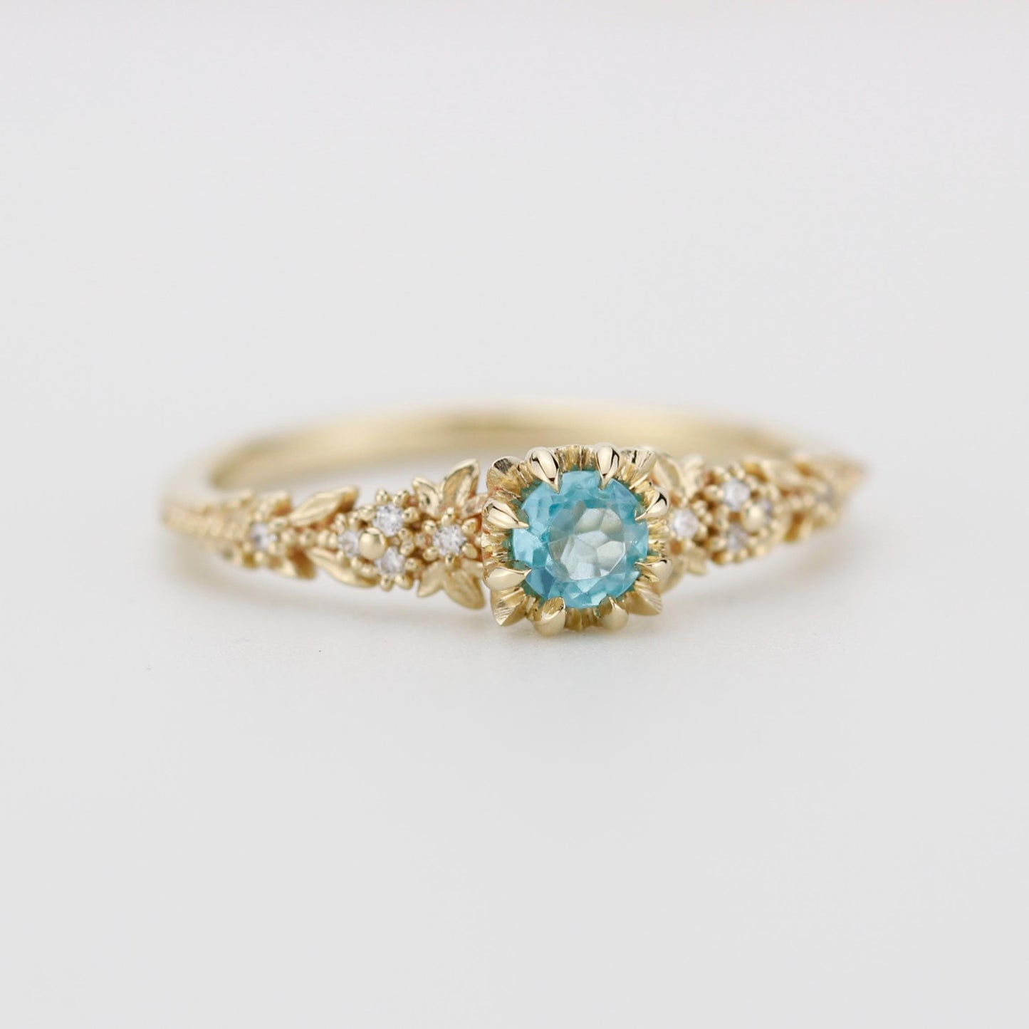 Nature Inspired Apatite and Diamond Ring, Handmade Engagement Ring in 18K Solid Gold, Floral Blue Gem Promise Ring