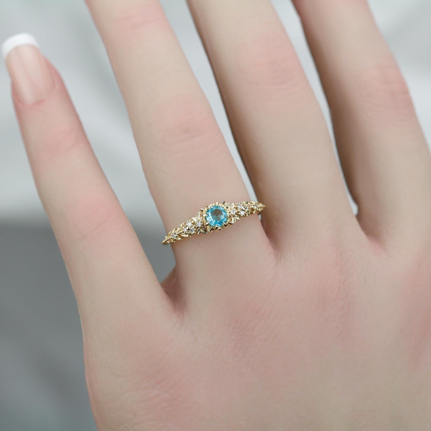 Nature Inspired Apatite and Diamond Ring, Handmade Engagement Ring in 18K Solid Gold, Floral Blue Gem Promise Ring