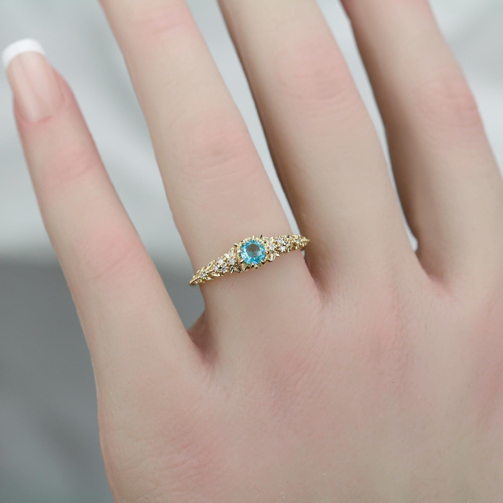 Nature Inspired Apatite and Diamond Ring, Handmade Engagement Ring in 18K Solid Gold, Floral Blue Gem Promise Ring