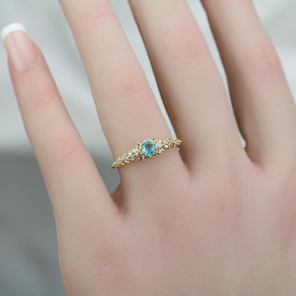 Nature Inspired Apatite and Diamond Ring, Handmade Engagement Ring in 18K Solid Gold, Floral Blue Gem Promise Ring