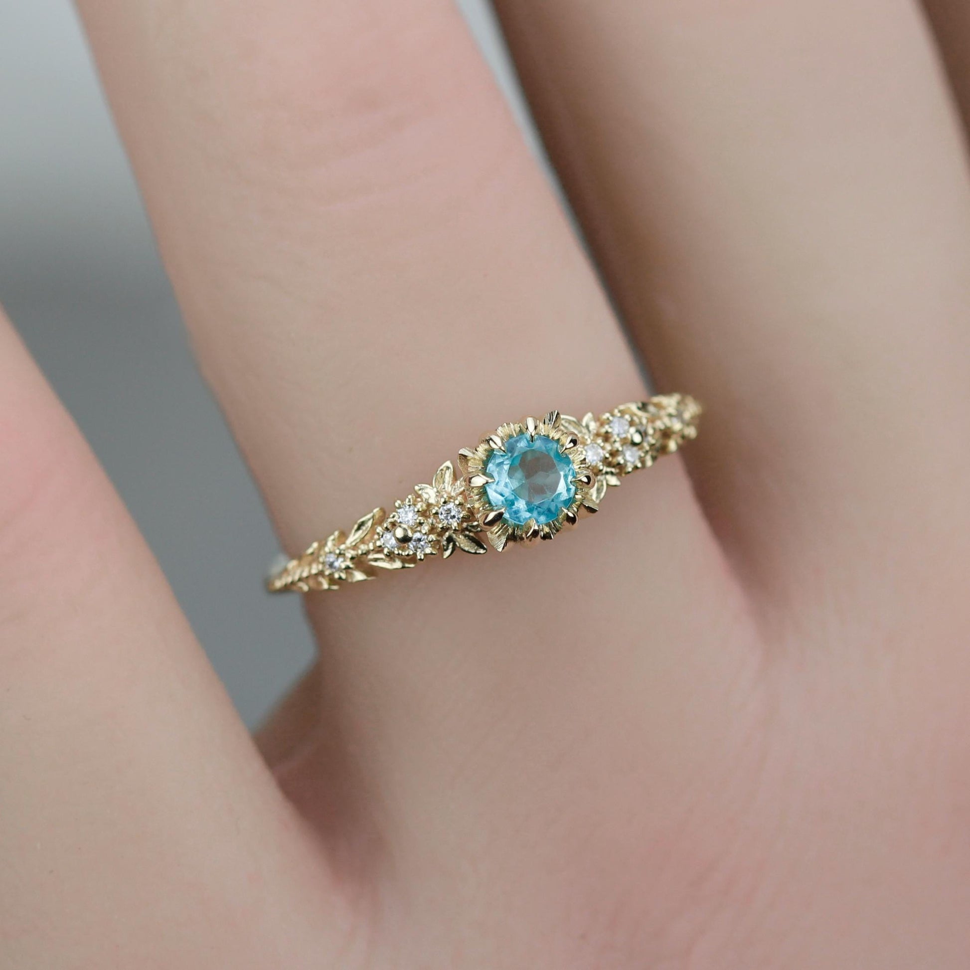 Nature Inspired Apatite and Diamond Ring, Handmade Engagement Ring in 18K Solid Gold, Floral Blue Gem Promise Ring