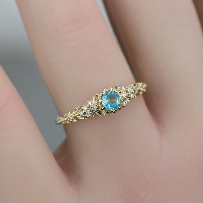 Nature Inspired Apatite and Diamond Ring, Handmade Engagement Ring in 18K Solid Gold, Floral Blue Gem Promise Ring