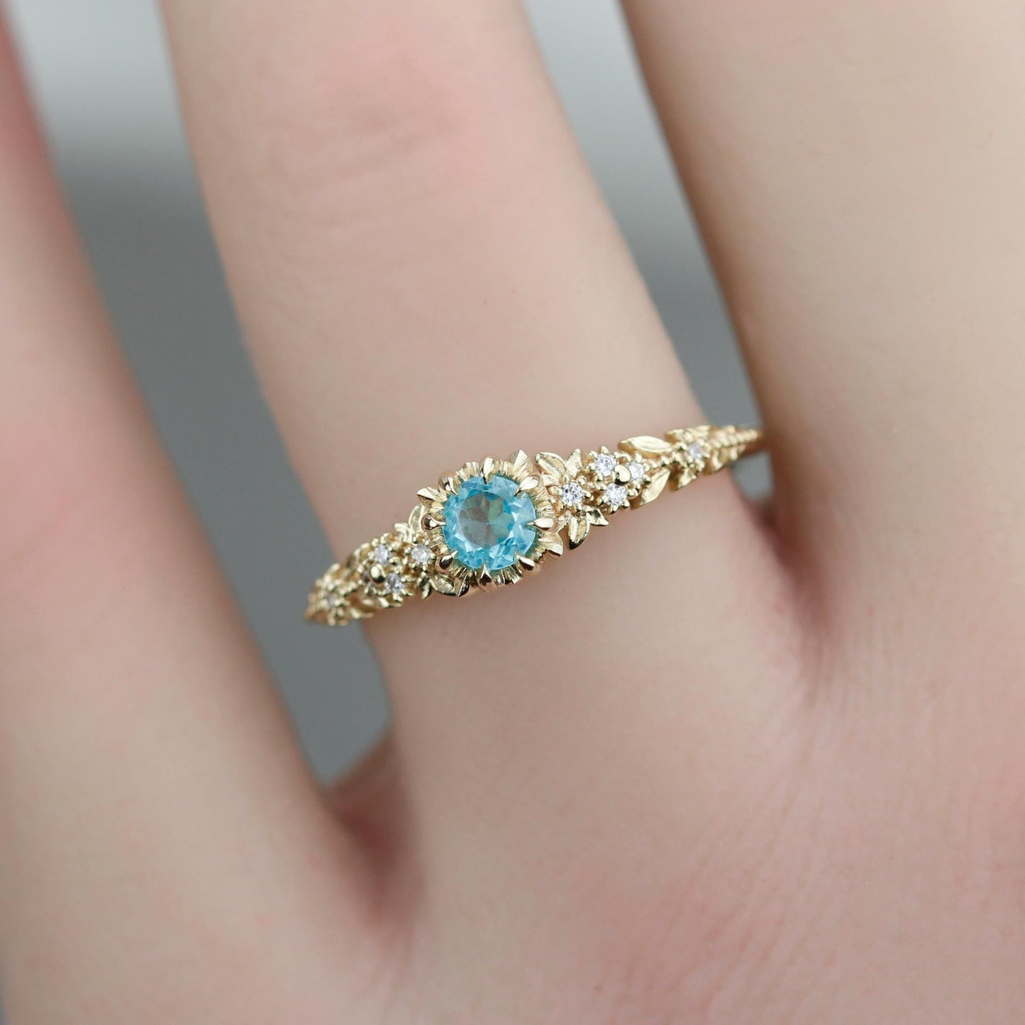 Nature Inspired Apatite and Diamond Ring, Handmade Engagement Ring in 18K Solid Gold, Floral Blue Gem Promise Ring