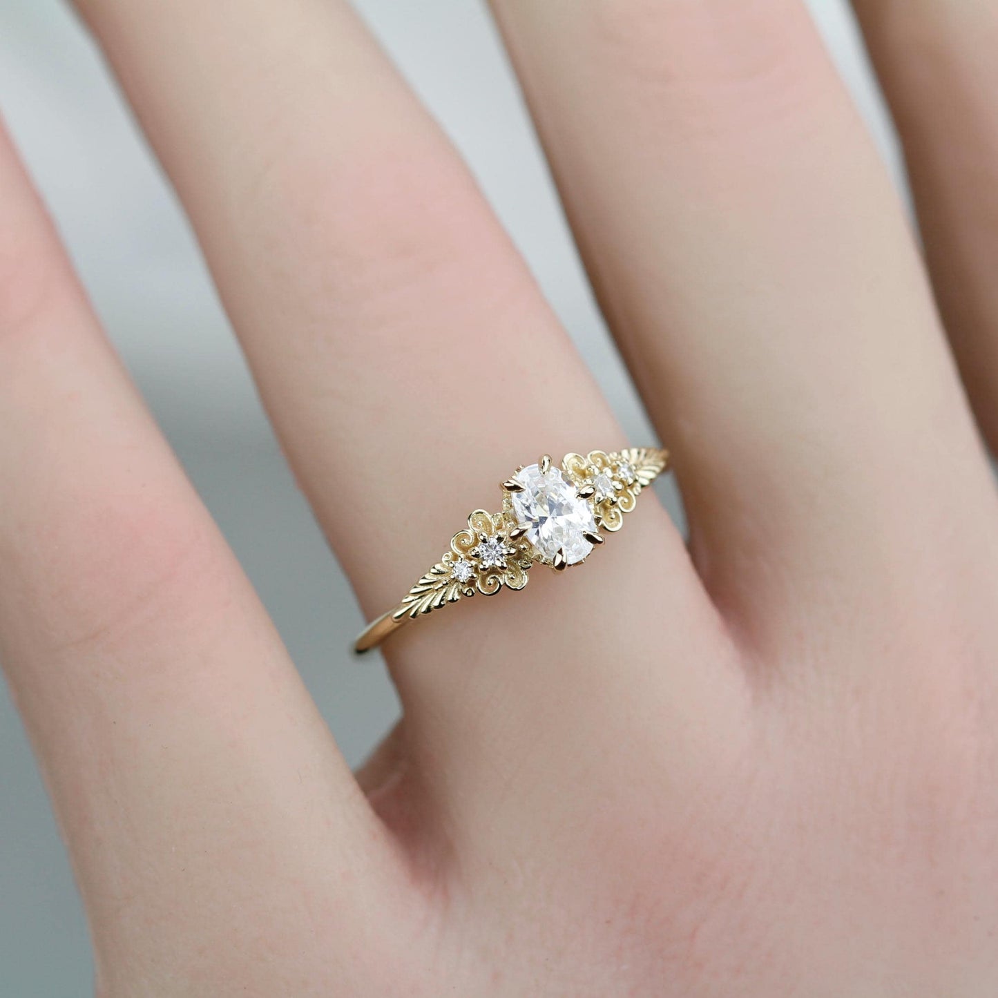 Vintage-Inspired 18K Gold Moissanite Engagement Ring | 6x4mm Oval Certificated Moissanite | Nature-Inspired Leaf Band | Handmade Ring
