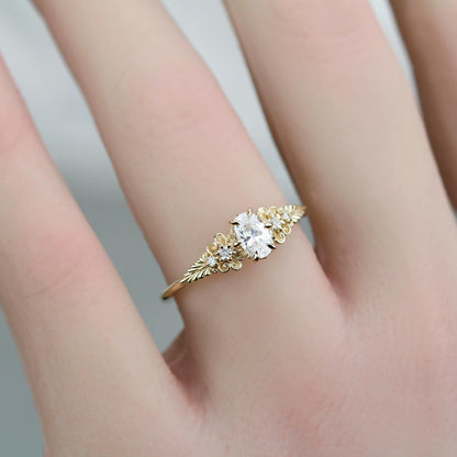 Vintage-Inspired 18K Gold Moissanite Engagement Ring | 6x4mm Oval Certificated Moissanite | Nature-Inspired Leaf Band | Handmade Ring