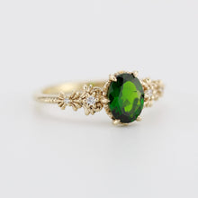 Load image into Gallery viewer, Vintage Floral Engagement Ring – Natural Chrome Diopside Oval Gem with Diamonds – 18K Solid Gold Handmade Ring