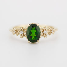 Load image into Gallery viewer, Vintage Floral Engagement Ring – Natural Chrome Diopside Oval Gem with Diamonds – 18K Solid Gold Handmade Ring