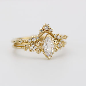 Vintage Marquise Moissanite Engagement Ring and V-Shaped Diamond Wedding Band Set | 18k Yellow Gold | Antique-Inspired Bridal Ring Set