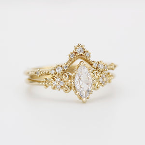 Vintage Marquise Moissanite Engagement Ring and V-Shaped Diamond Wedding Band Set | 18k Yellow Gold | Antique-Inspired Bridal Ring Set