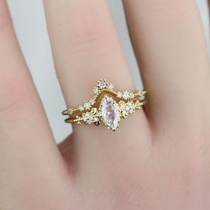 Vintage Marquise Moissanite Engagement Ring and V-Shaped Diamond Wedding Band Set | 18k Yellow Gold | Antique-Inspired Bridal Ring Set