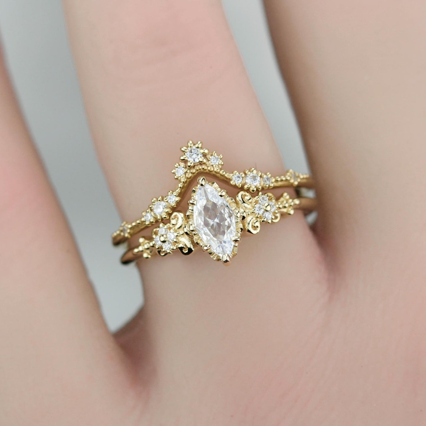 Vintage Marquise Moissanite Engagement Ring and V-Shaped Diamond Wedding Band Set | 18k Yellow Gold | Antique-Inspired Bridal Ring Set