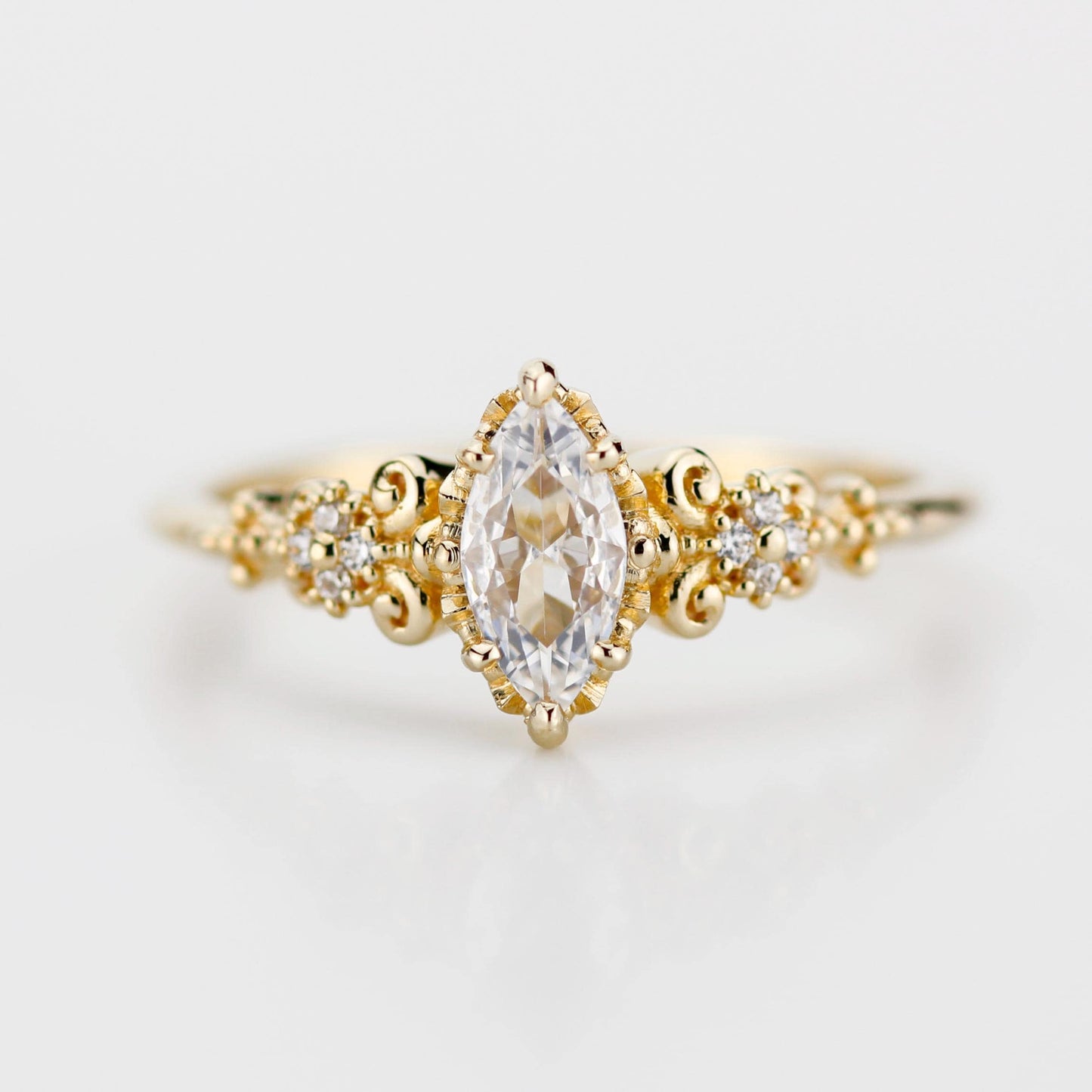 Vintage Marquise Moissanite Engagement Ring and V-Shaped Diamond Wedding Band Set | 18k Yellow Gold | Antique-Inspired Bridal Ring Set